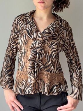 Sunny Leigh Zebra-Print Ruffle Blouse in Brown and Black